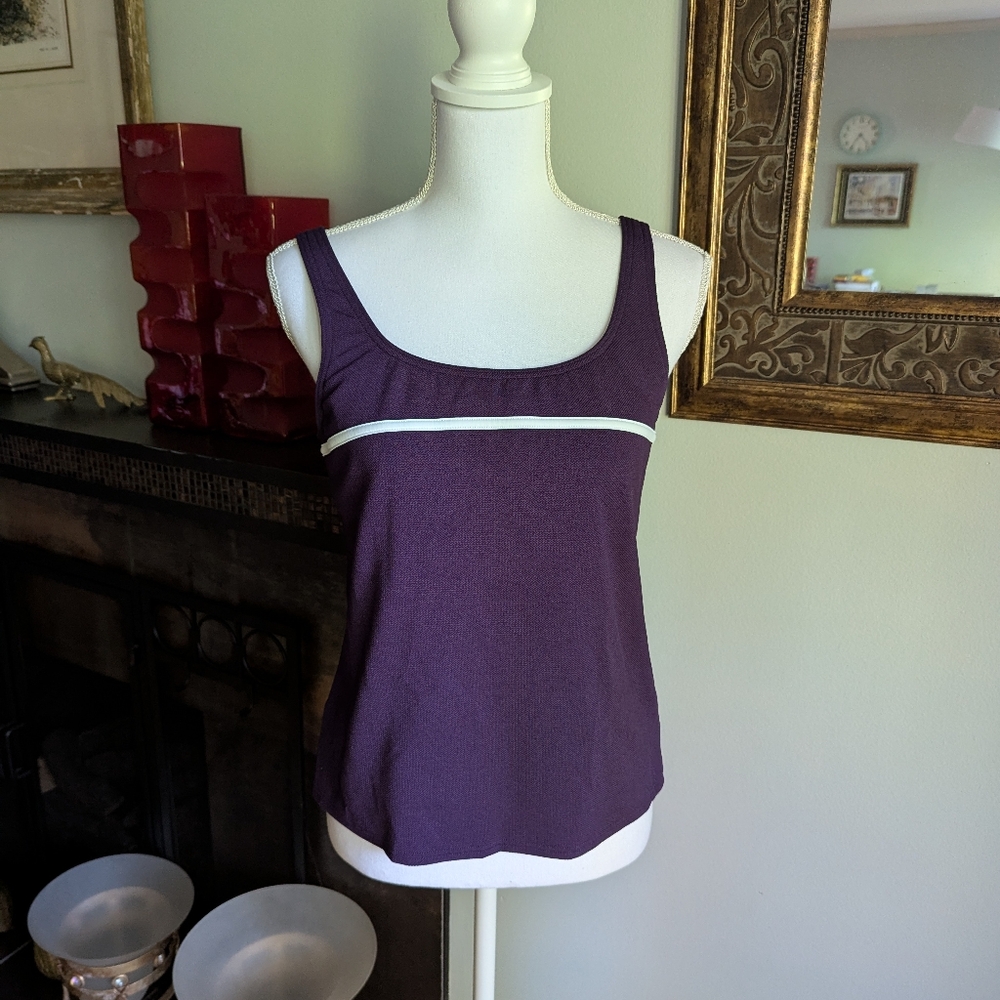 Land's End Women’s 10 Swim Suit Tank Top Built In Bra Purple White Textured 111